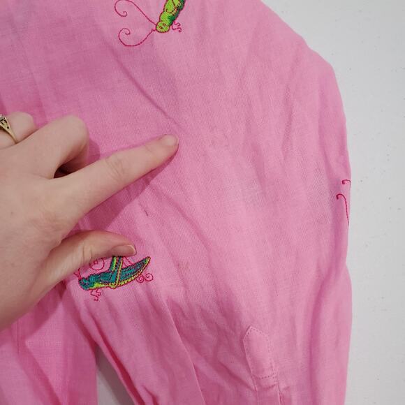 Casey Coleman Shirt Womens Medium Pink Linen Grasshopper Embroidered - Picture 5 of 8